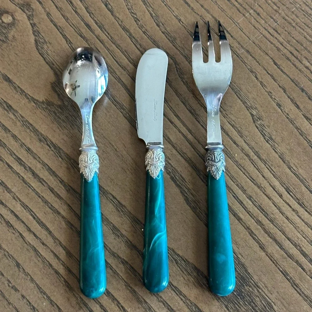 VTG EME Inox Italy Demi Cutlery 18/10 Stainless Steel Green Marbled Handle 3pc